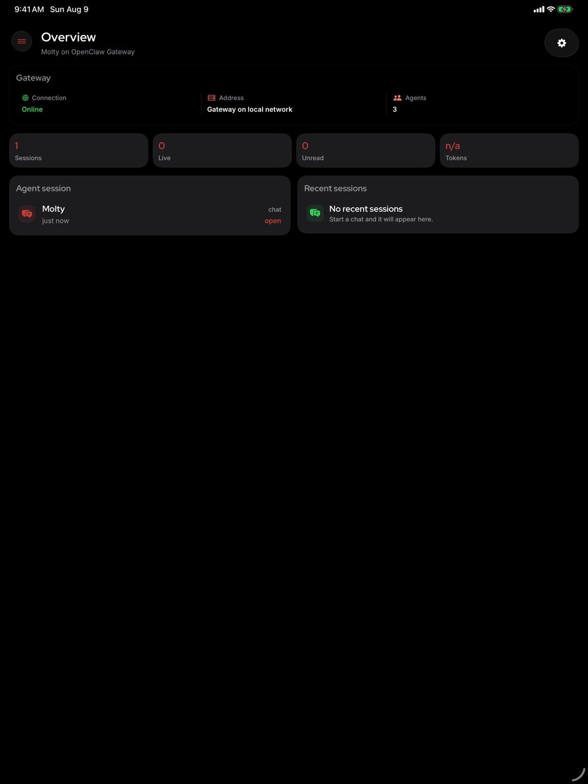 OpenClaw control panel on a tablet